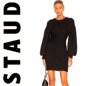 STAUD dress Marylebone balloon sleeve ribbed knit mini dress NWT black S $245-